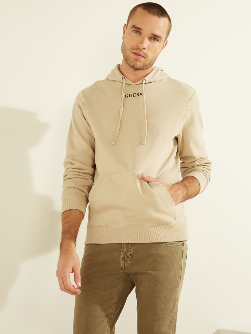 Beige Men's Guess Eco Roy Embroidered Logo Hoodie | 2537108-ZP