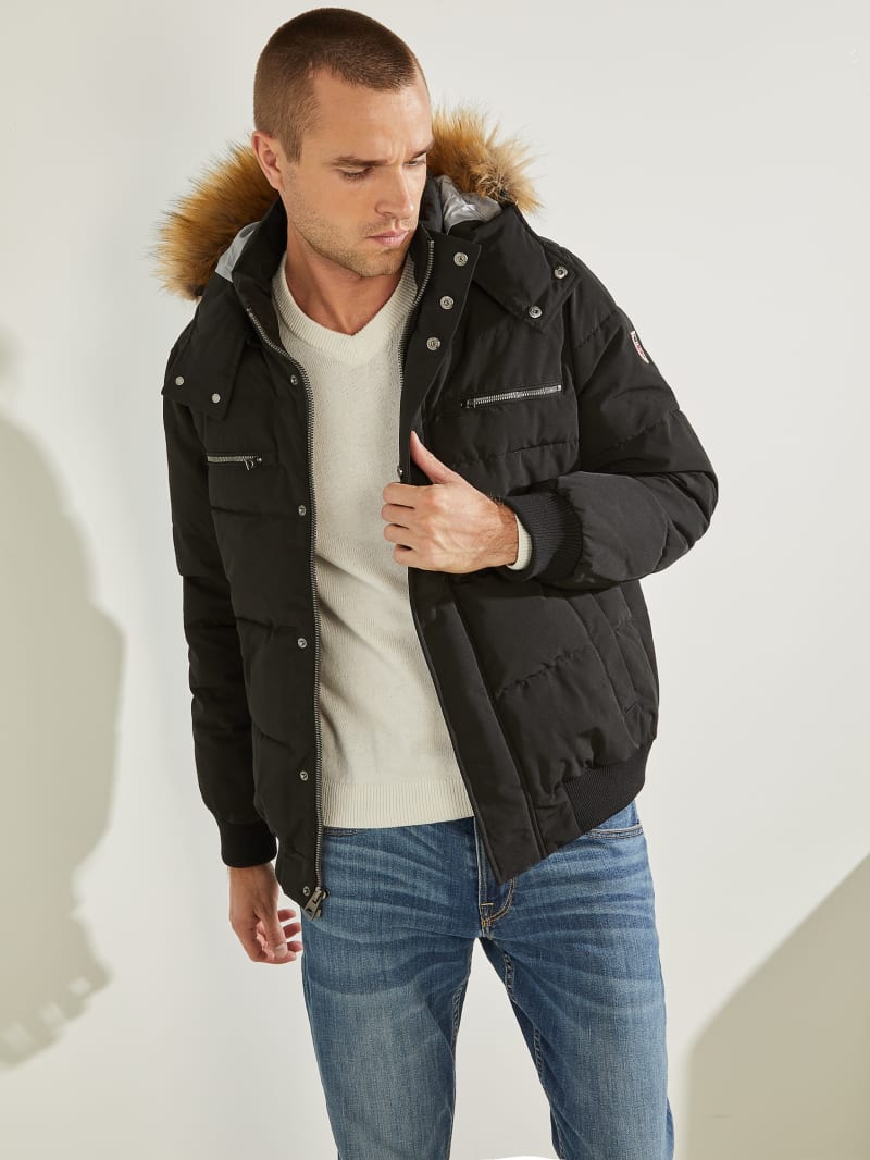 Black Men's Guess David Puffer Jackets | 5902834-DZ