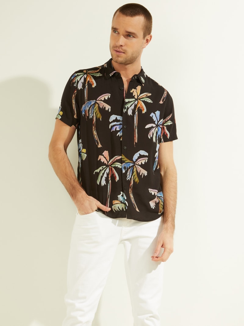 Black Men's Guess Eco Watercolor Palm Shirts | 3590472-VN