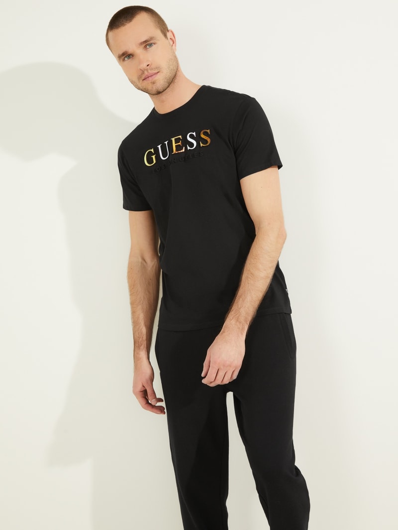 Black Men's Guess Embossed Logo Tee T Shirts | 0196485-AB