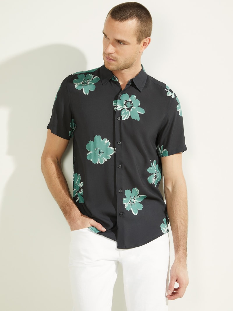 Black Men's Guess Escot Floral Shirts | 3810264-QH