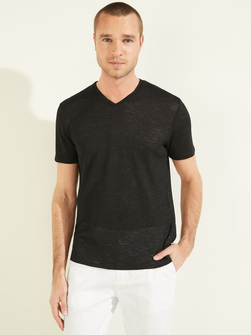 Black Men's Guess Gauze V-Neck Tee T Shirts | 2340896-PV