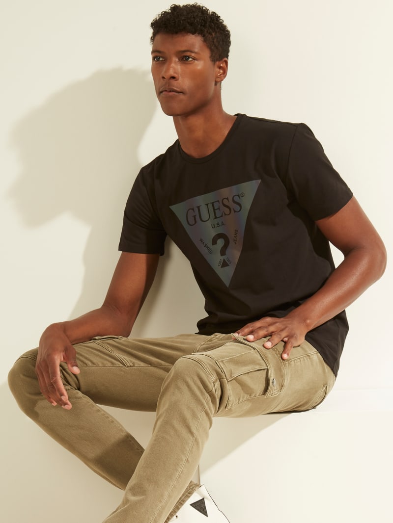 Black Men's Guess Iridescent Logo Graphic Tee T Shirts | 7284091-CI