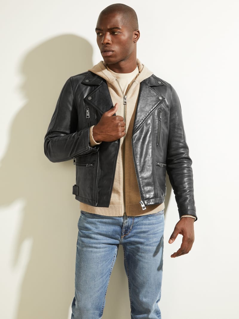 Black Men's Guess Leather Biker Jackets | 6729804-HC