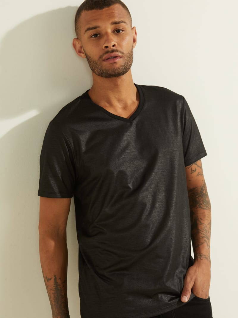 Black Men's Guess Mason Yoke V-Neck Tee T Shirts | 6759302-MD