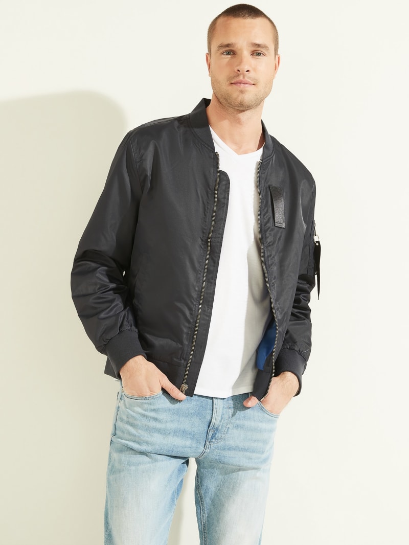 Black Men's Guess Nylon Flight Jackets | 6127498-ZW