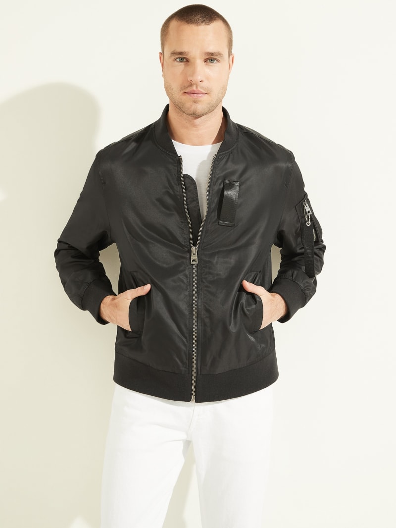 Black Men's Guess Nylon Flight Jackets | 8135906-FC