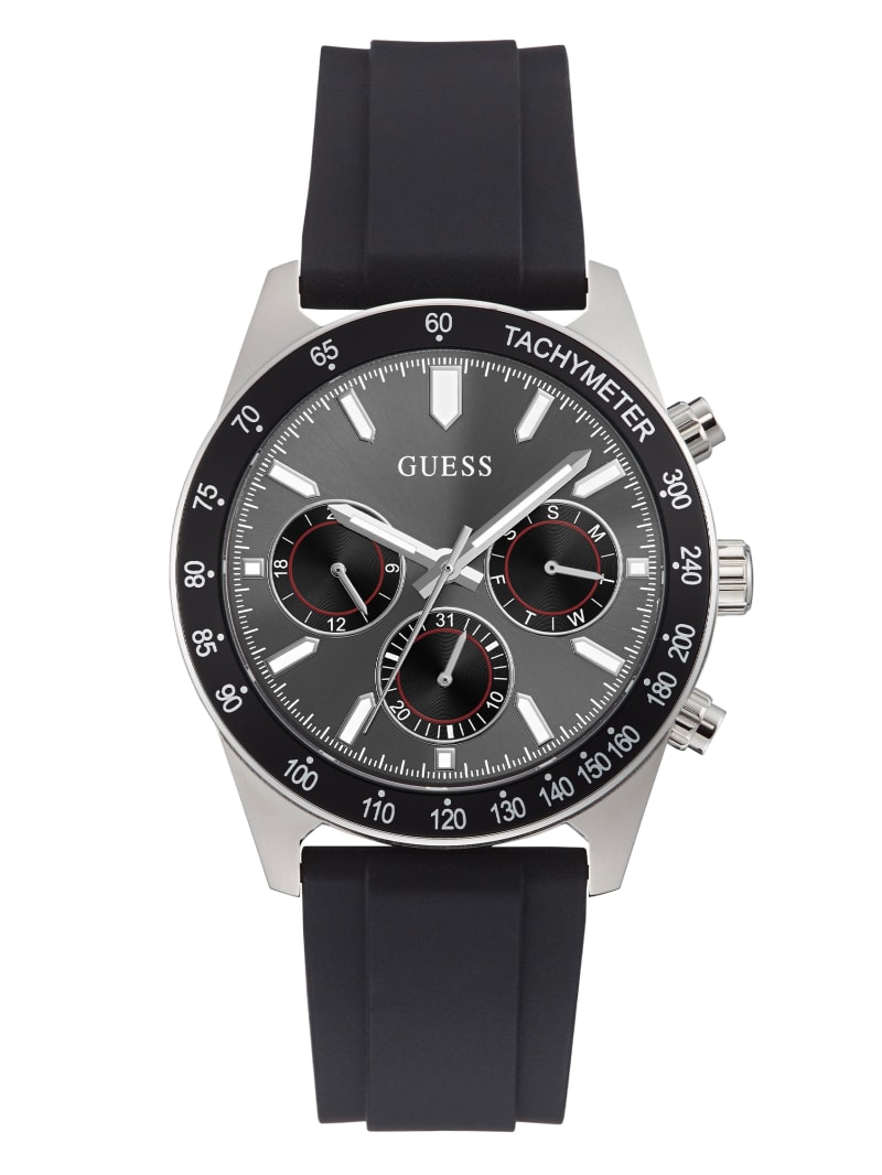 Black Men's Guess Silver-Tone And Multifunction Watches | 7246359-EJ