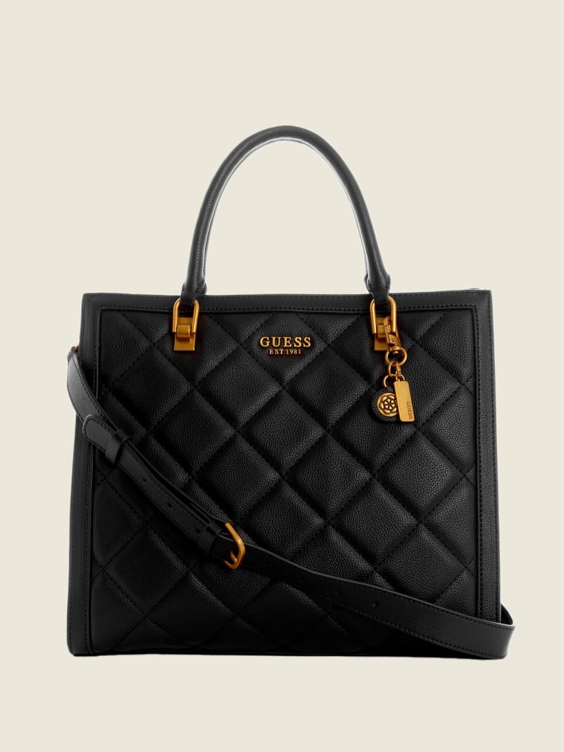 Black Women's Guess Abey Quilted Elite Tote Bags | 7936108-WY