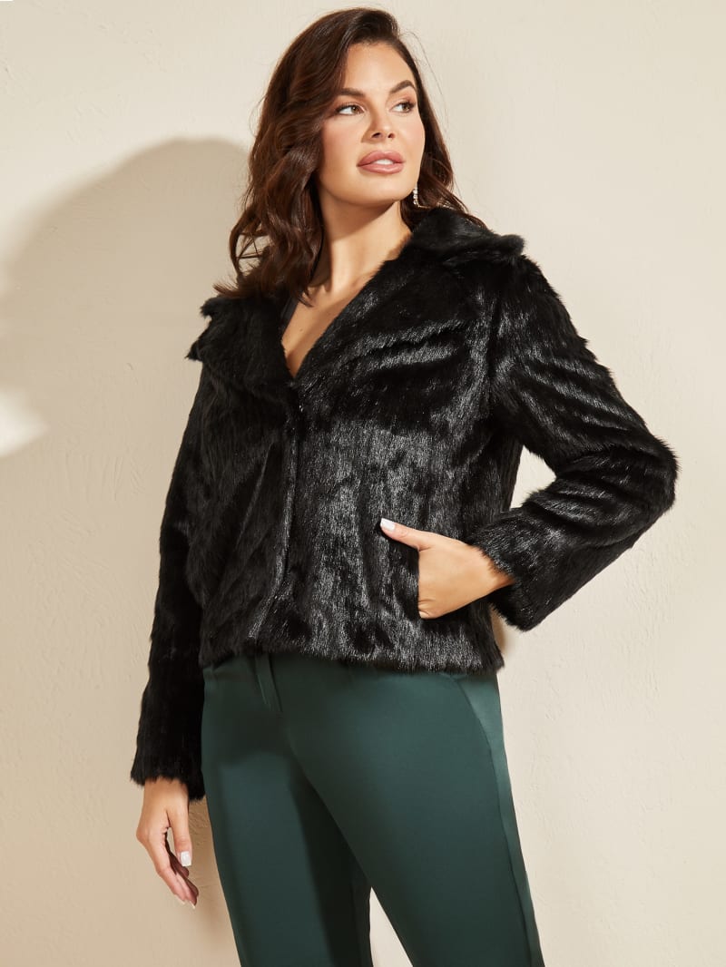 Black Women's Guess Caroline Faux-Fur Jackets | 9607483-UQ