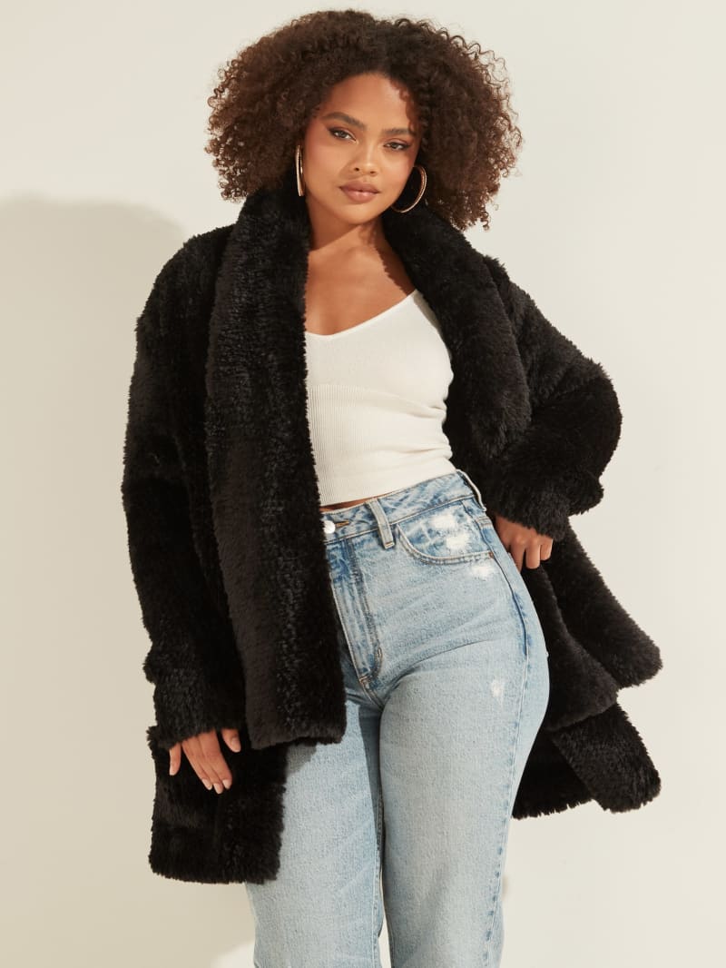 Black Women's Guess Rebecca Faux-Fur Jackets | 8403925-VJ