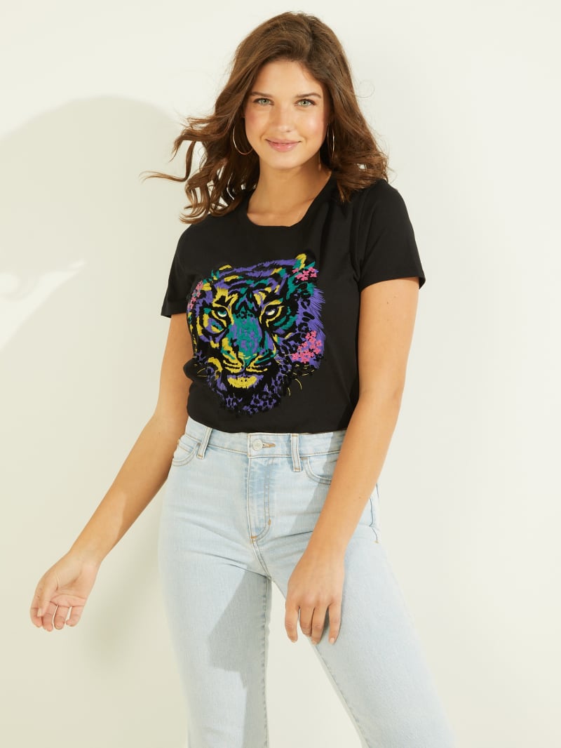 Black Women's Guess Tiger Graphic Tee Tops | 6153429-IG