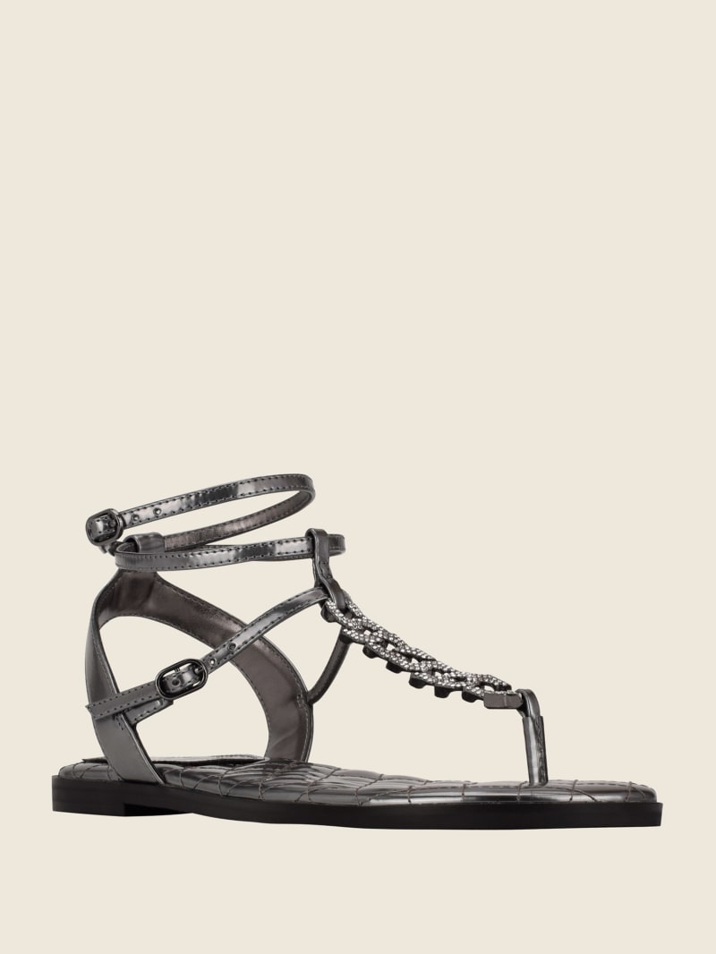 Blue Grey Women's Guess Brighti Chain T-Strap Sandals | 3156847-DJ