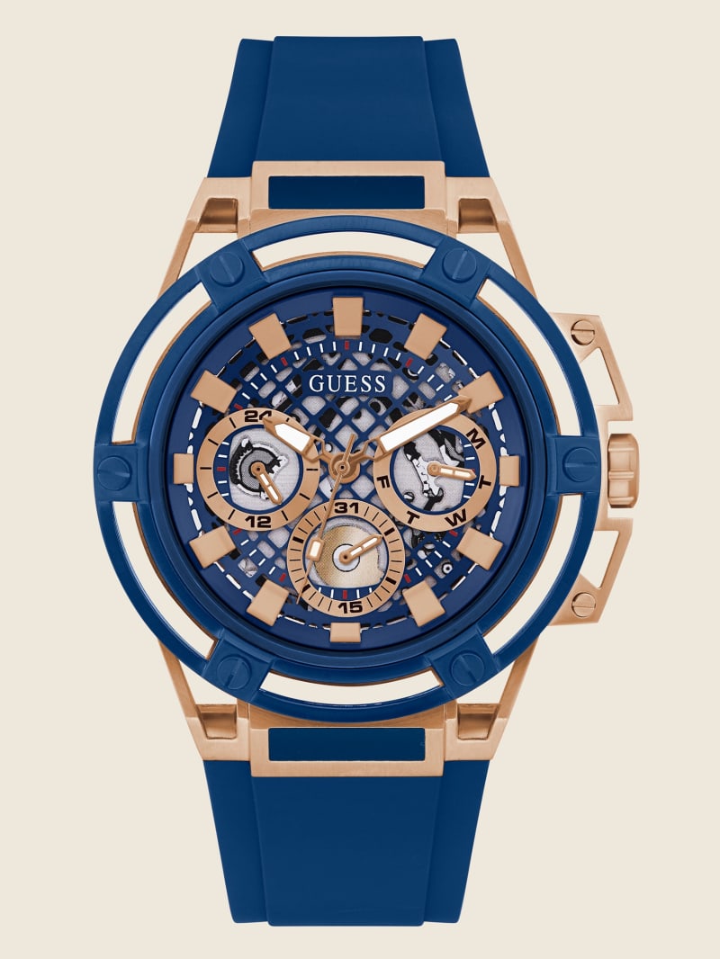 Blue Men's Guess Blue and Rose Gold-Tone Multifunction Watches | 0945682-EZ