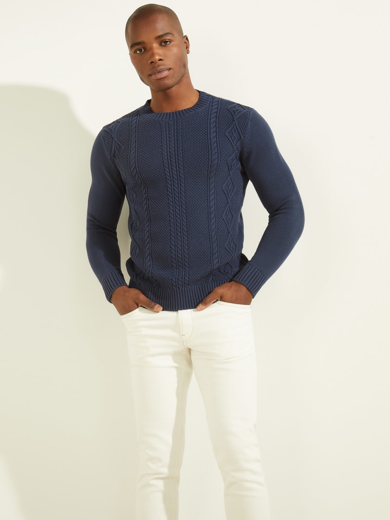 Blue Men's Guess Cable-Knit Crewneck Sweaters | 1937520-JT