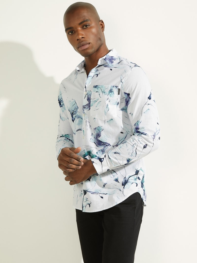 Blue Men's Guess Eco Floral Collins Shirts | 0312476-FC