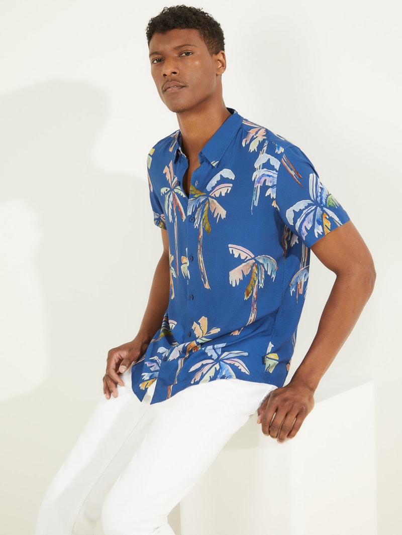 Blue Men's Guess Eco Watercolor Palm Shirts | 0841279-NR