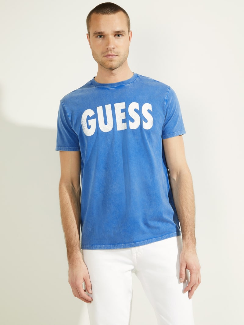 Blue Men's Guess Logo Beach Tee T Shirts | 9186037-BT