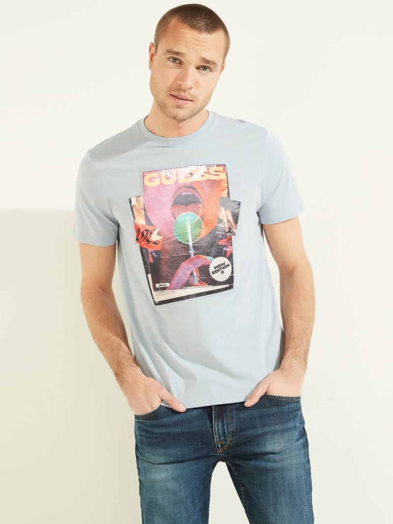 Blue Men's Guess Magazine Tee T Shirts | 2139807-WX