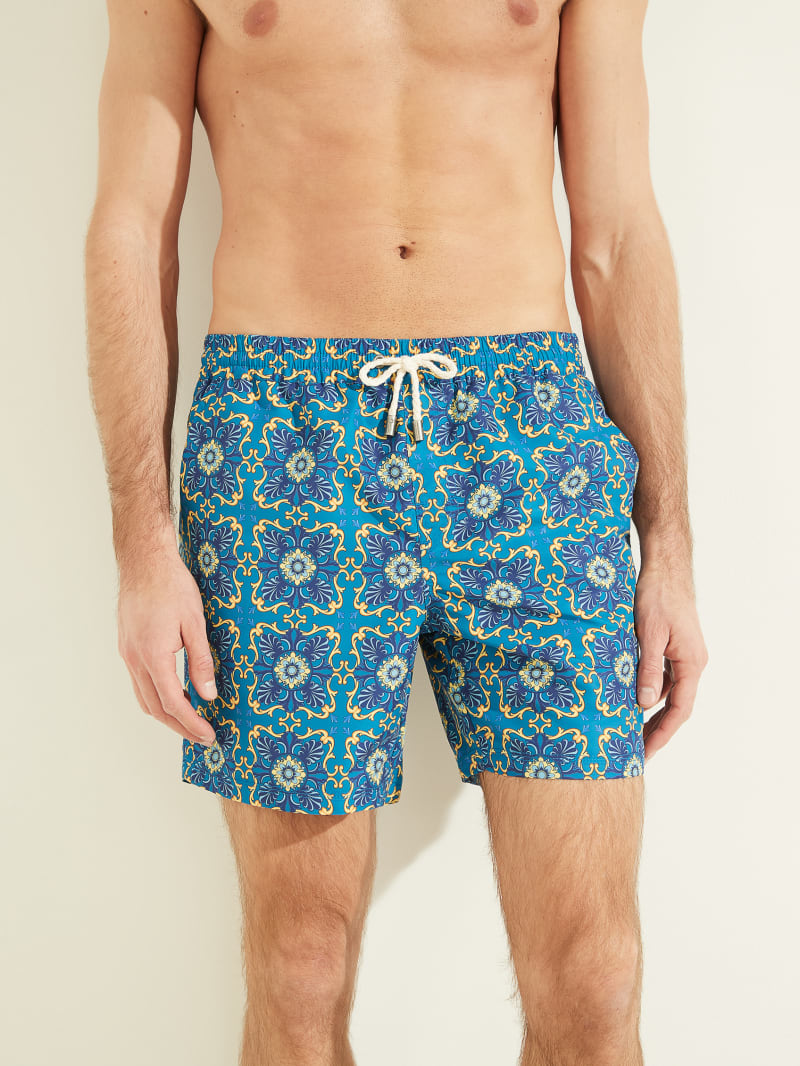 Blue Men's Guess Mosaic Swim Trunks Swimwear | 0619537-CI