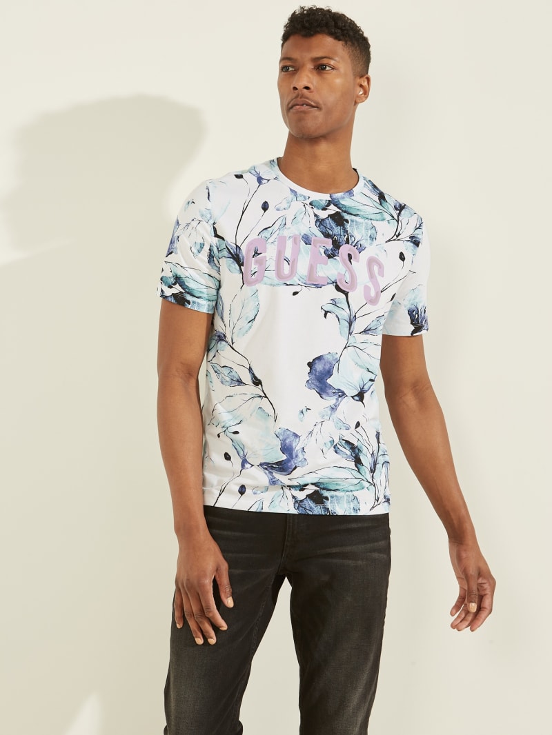 Blue Men's Guess Natt Floral Tee T Shirts | 7318645-XI