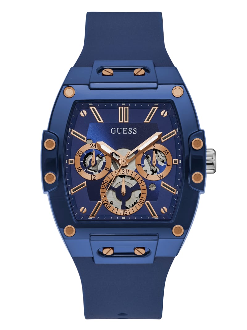 Blue Men's Guess Rose Gold-Tone and Blue Silicone Multifunction Watches | 3945067-JL