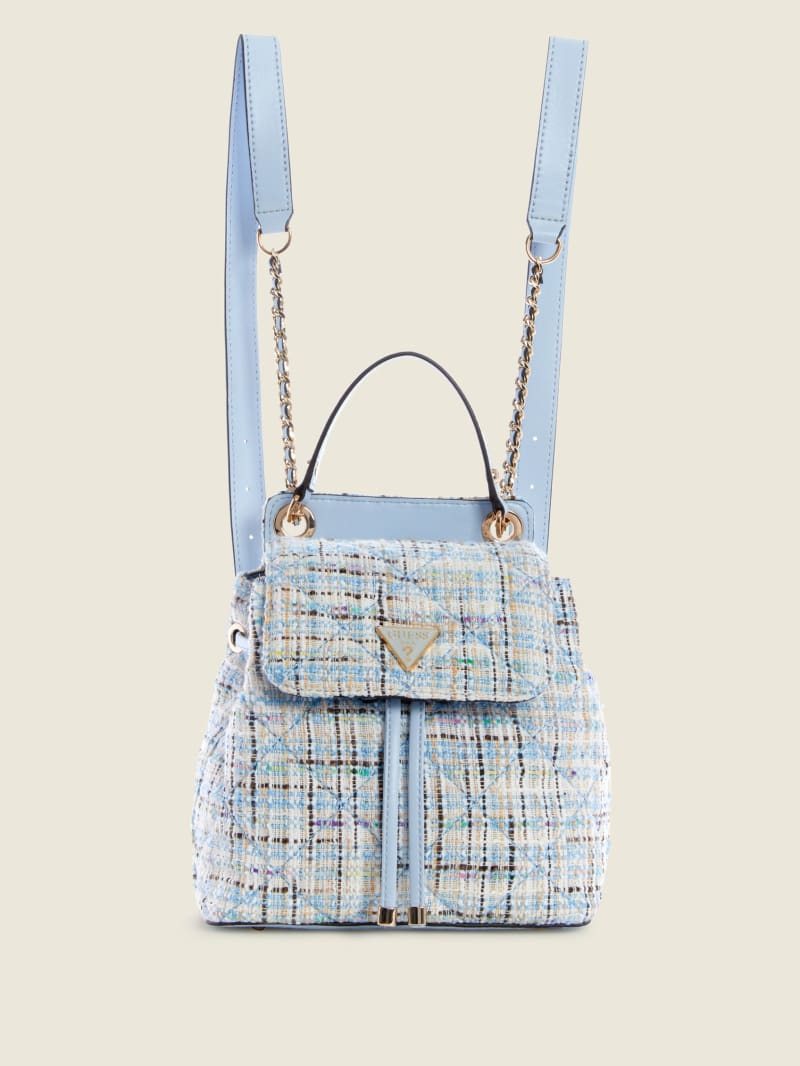 Blue Women's Guess Cessily Tweed Convertible Backpacks | 2045689-IL