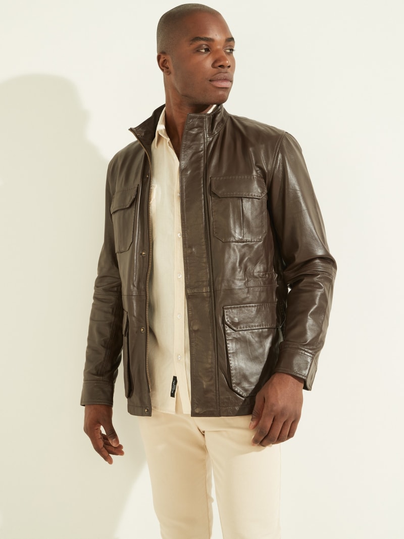 Brown Men's Guess Leather Field Jackets | 9348051-MZ