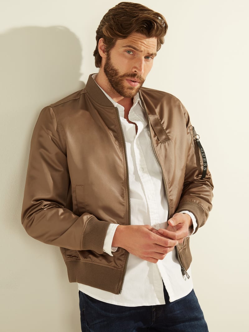 Brown Men's Guess Satin Bomber Jackets | 4823750-NB