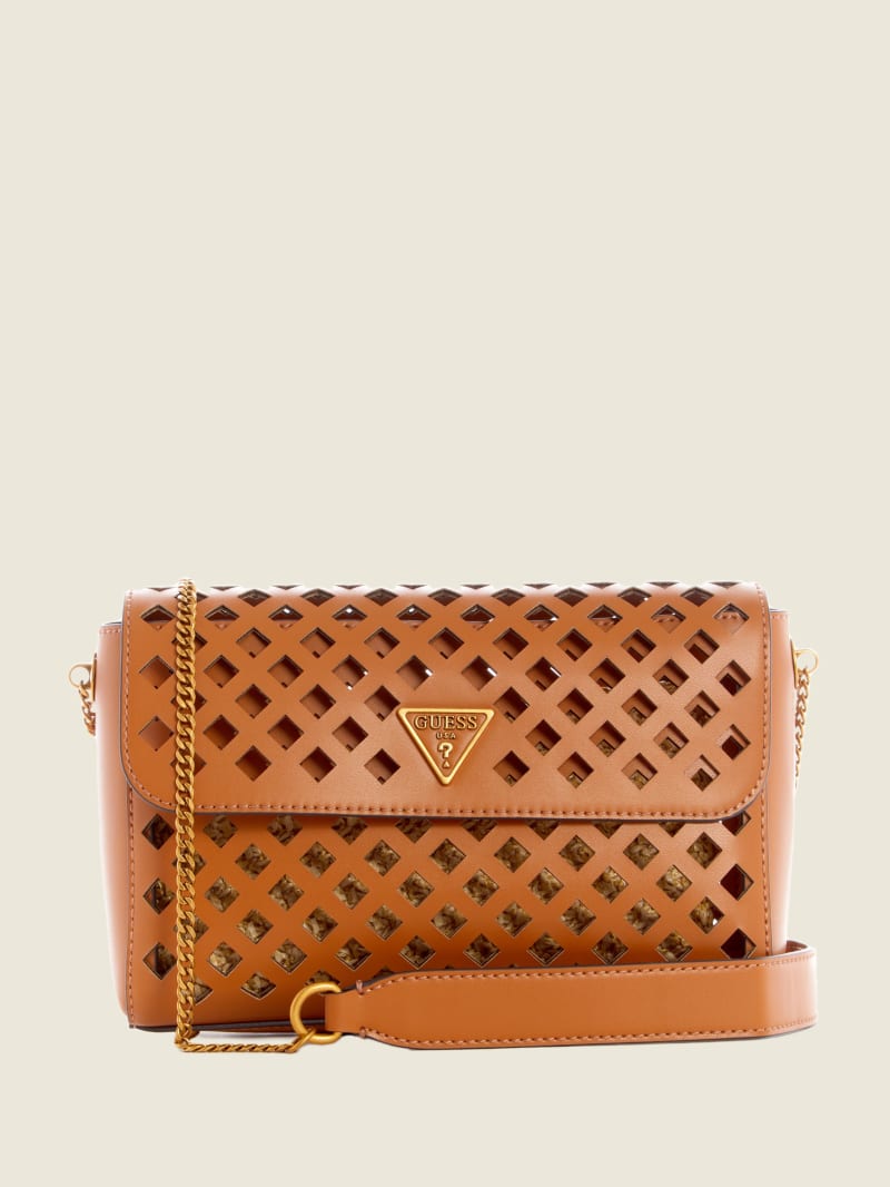 Brown Women's Guess Aqua Perforated Flap Crossbody Bags | 6813527-IM