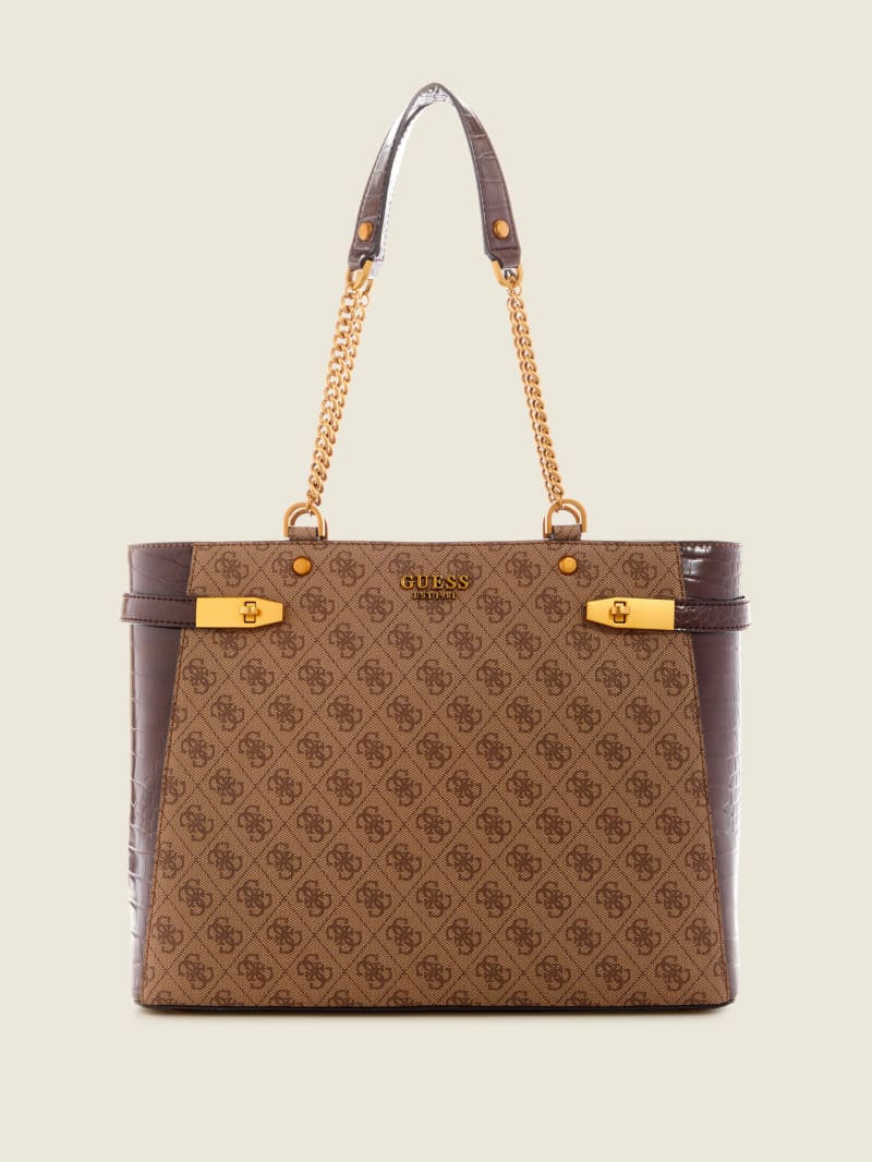 Brown Women's Guess Zadie Logo Girlfriend Tote Bags | 6420871-JQ