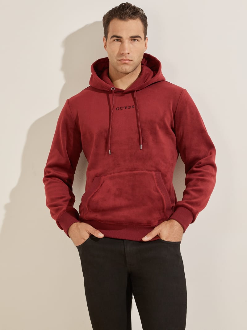 Burgundy Men's Guess Bonded Velvet Hoodie | 8632901-YK