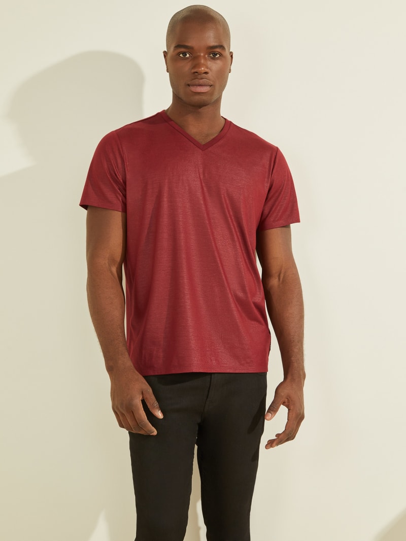 Burgundy Men's Guess Mason Yoke V-Neck Tee T Shirts | 6815042-SU