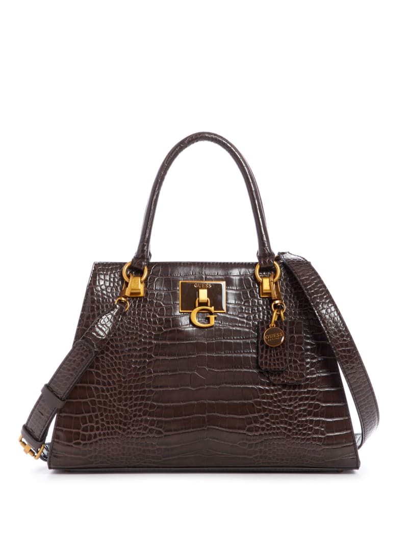 Chocolate Women's Guess Stephi Croc Girlfriend Satchel Bags | 9435182-ZF