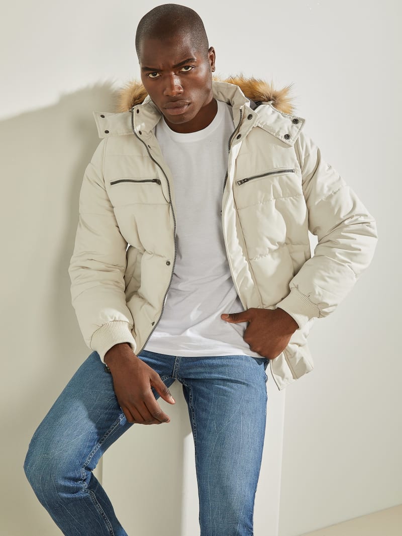 Cream White Men's Guess David Puffer Jackets | 2541783-KA