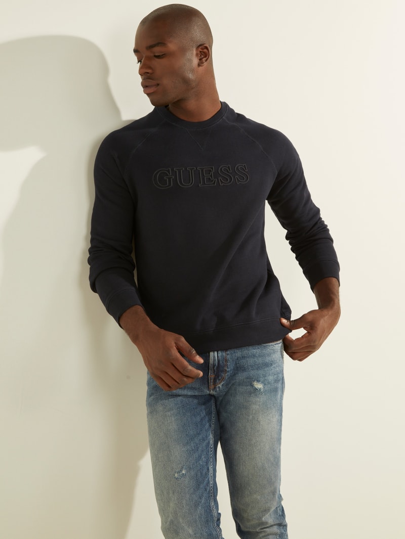 Deep Blue Men's Guess Eco Aldwin Logo Crew Sweatshirts | 7048935-GV