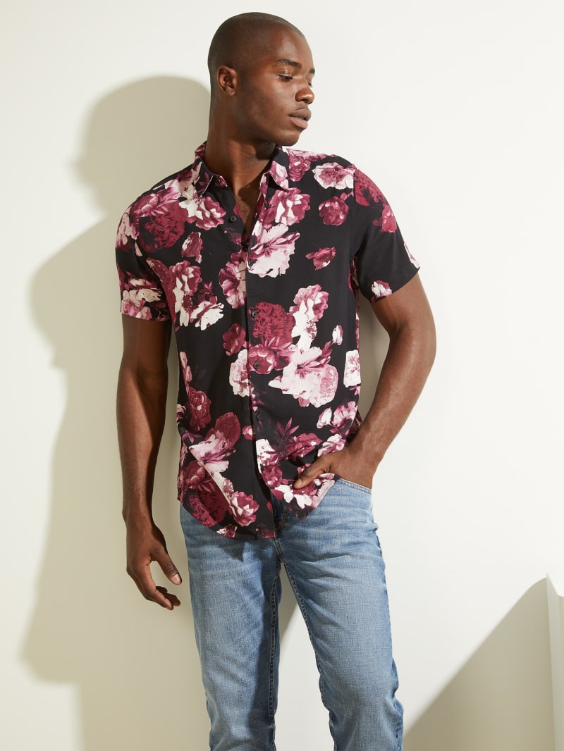 Flower Men's Guess Eco Blackout Floral Shirts | 7924610-QB