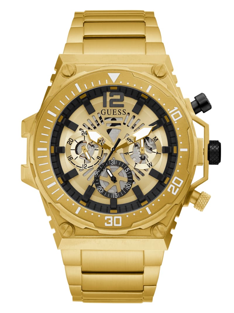 Gold Men's Guess Gold-Tone Exposed Dial Multifunction Watches | 6014297-PF