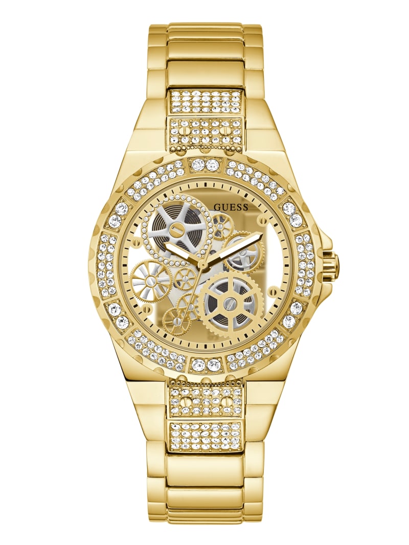 Gold Women's Guess Gold-Tone Exposed Dial Analog Watches | 7608342-LG