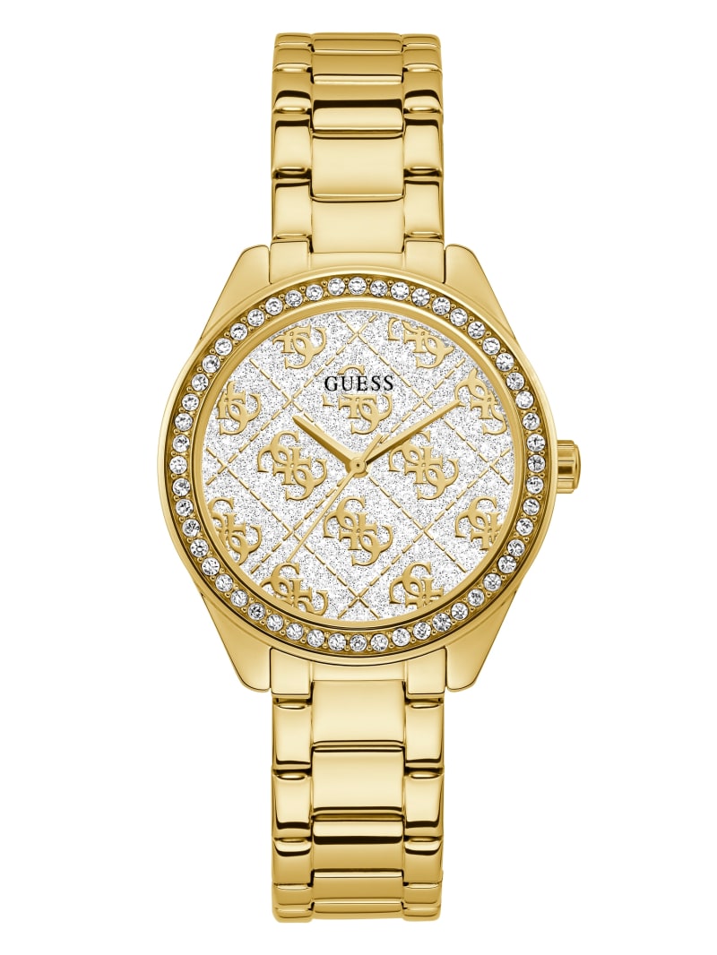 Gold Women's Guess Gold-Tone Glitter Logo Watches | 9821507-MF