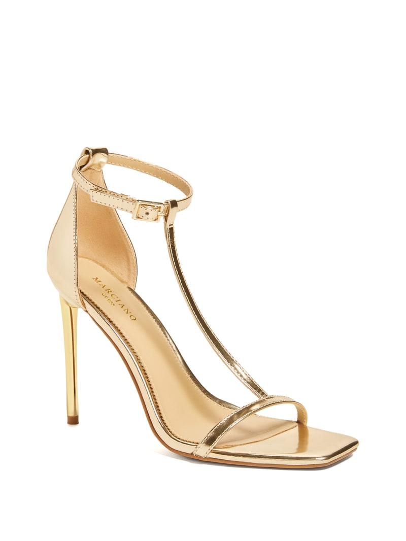 Gold Women's Guess Heeled T-Strap Sandals | 5806792-PD