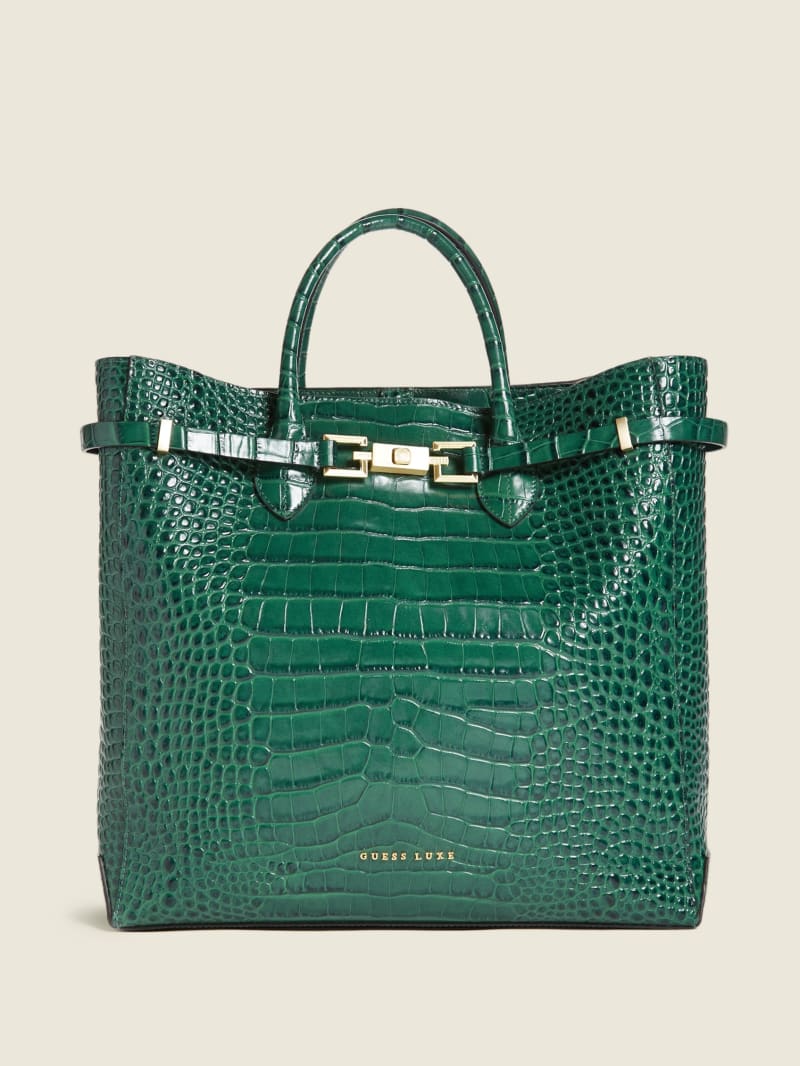 Green Women's Guess Cristina Croc Leather Tote Bags | 0287431-ZP