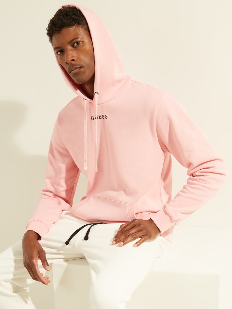 Light Pink Men's Guess Eco Roy Embroidered Logo Hoodie | 1426590-YV