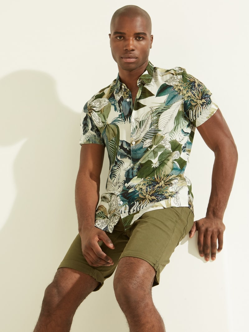 Olive Men's Guess Eco Summer Leaves Shirts | 3078269-HW