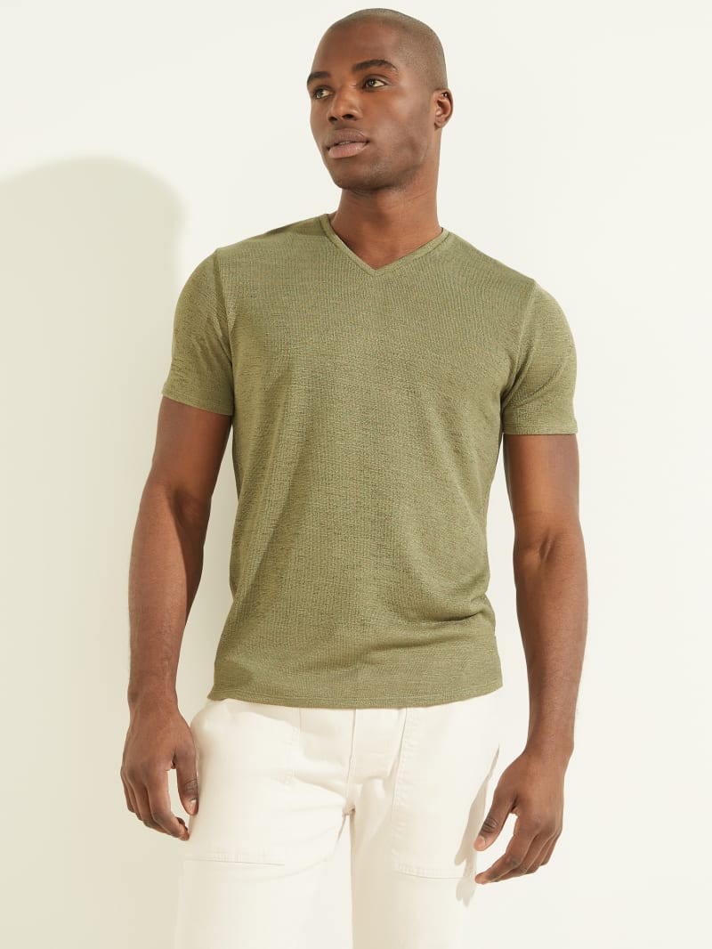 Olive Men's Guess Gauze V-Neck Tee T Shirts | 9082657-SV