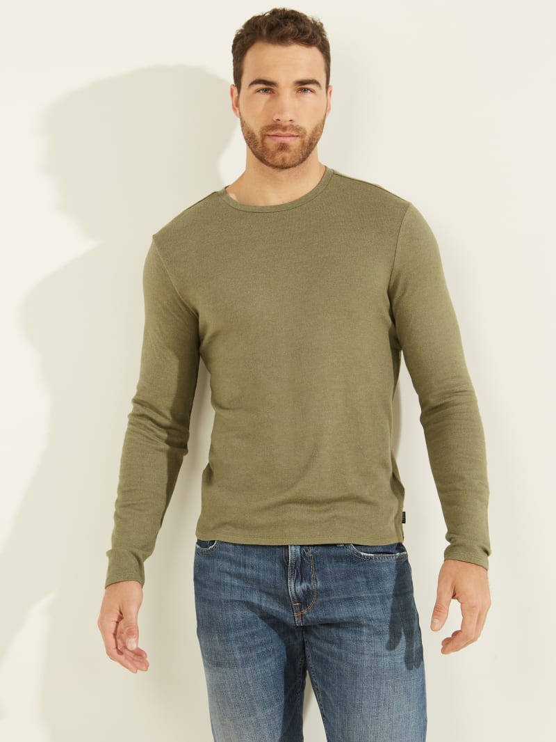 Olive Men's Guess Long-Sleeve Cozy Tee T Shirts | 8953704-WB