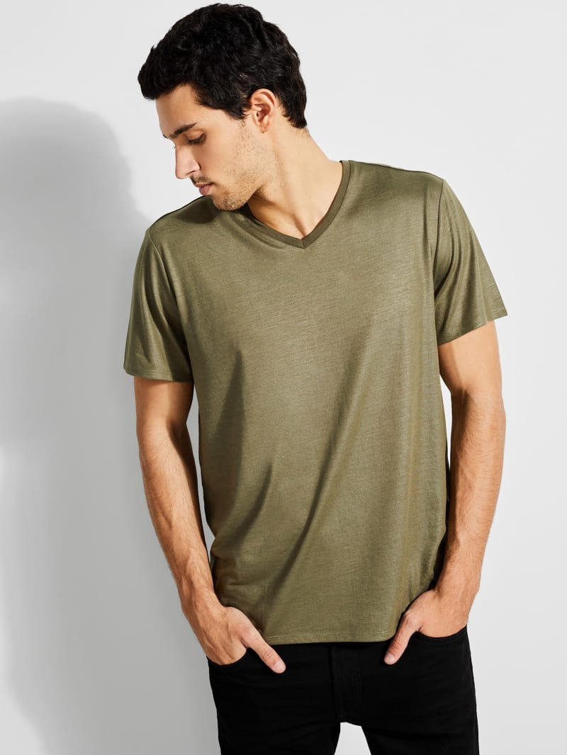 Olive Men's Guess Mason Yoke V-Neck Tee T Shirts | 8391620-XC