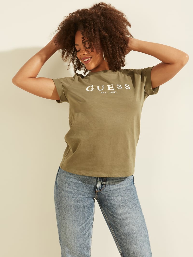 Olive Women's Guess Eco 1981 Rolled Cuff Logo Tee Tops | 7086921-GE