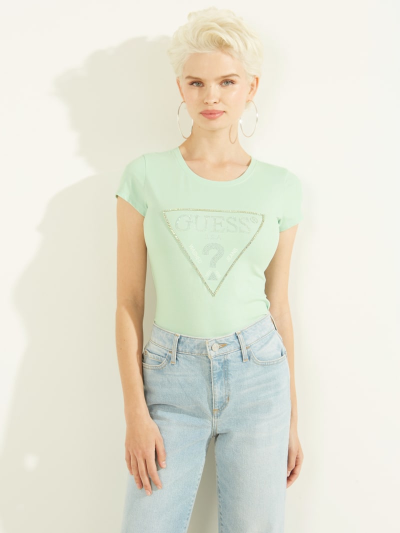 Olive Women's Guess Embellished Logo Tee Tops | 5321976-IF