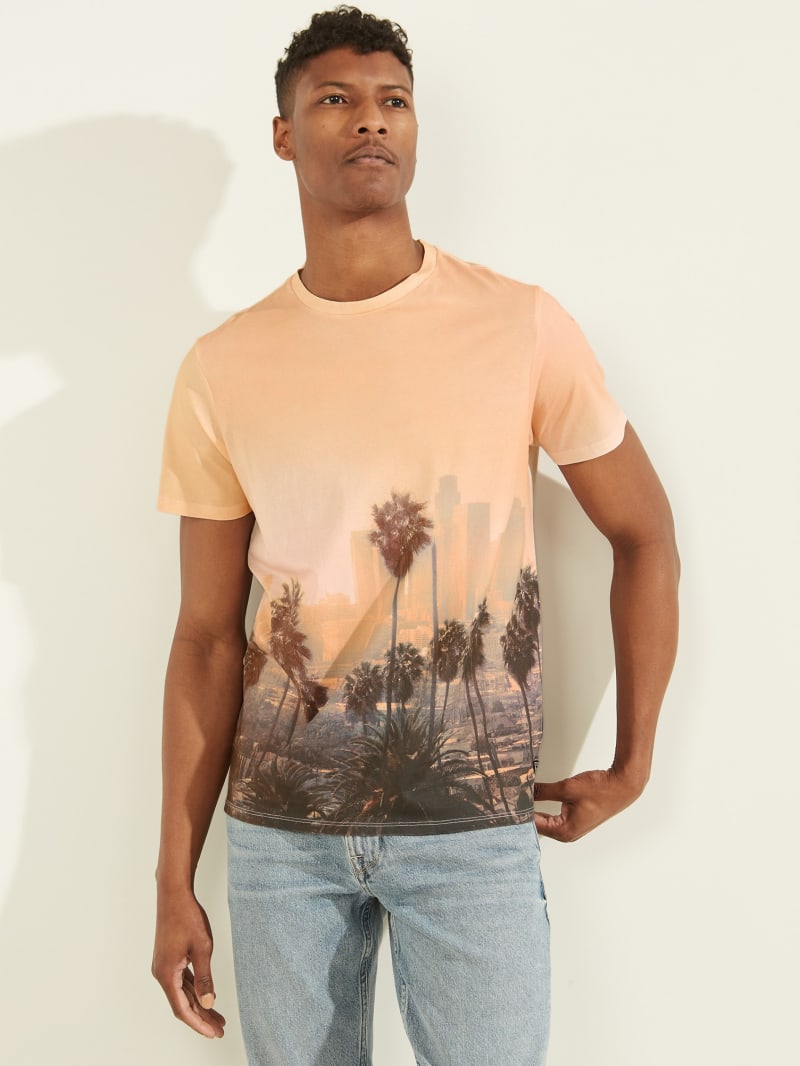 Orange Men's Guess Eco DTLA Sunset Tee T Shirts | 0359726-SW